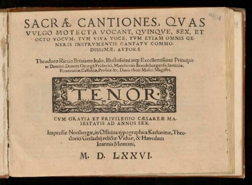 Teodoro Riccio: Sacrae cantiones ... quinque, sex et octo vocvm ... Tenor