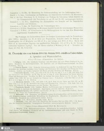 II. Übersicht des von Ostern 1884 bis Ostern 1885 erteilten Unterrichts