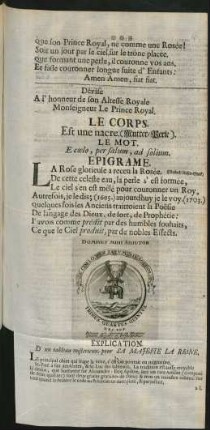 Dévise A l'honneur de son Altesse Royale Monseigneur Le Prince Royal, ...