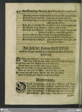 Am Fest der Himmelfarth Christi, nach der Tages vorhergegangenen grossen Sonnen-Finsterniß