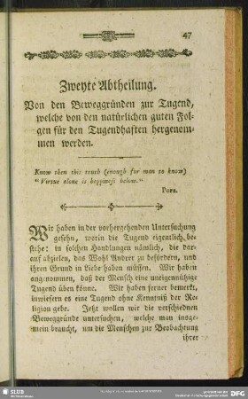 Zweyte Abtheilung. Von den Beweggründen zur Tugend, welche von den natürlichen guten Folgen für den Tugendhaften hergenommen werden
