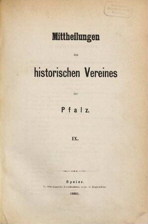 Mitteilungen des Historischen Vereins der Pfalz. 9. 1880