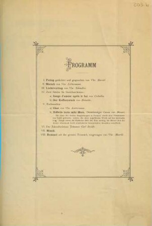 Programm. I. Prolog gedichtet und gesprochen von Vbr. Maerkl. II. Marsch von Vbr. Liebermann. III. Liedervortrag von Vbr. Schindler ...