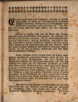 Rede von dem Vorzuge der öffentlichen Schulen vor dem Privatunterrichte : welche in Gegenwart der churfürstl. gnädigst aufgestellten Schulcommißion bey öffentlicher Beschenkung der deutschen Schulkinder auf dem Rathhause der churfürstl. Haupt- und Residenzstadt München den 4. Septemb. 1772. abgelesen worden