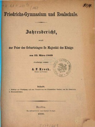 Jahresbericht : womit zu der öffentlichen Prüfung der Schüler ... ehrerbietigst einladet, 1869