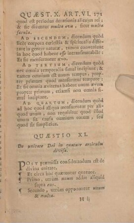Quaestio XI. De unitate Dei in quatuor articulos divisa.