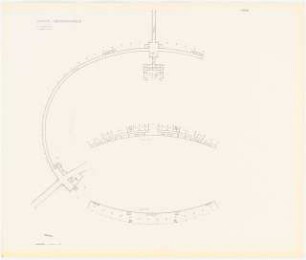 Stadion Oberwiesenfeld, München: Mappe »Wettbewerb Stadion München, Entwurf Professor Werner March«. Grundriss Keller mit Tunneln und Segmente 1.OG, ca. 1:660