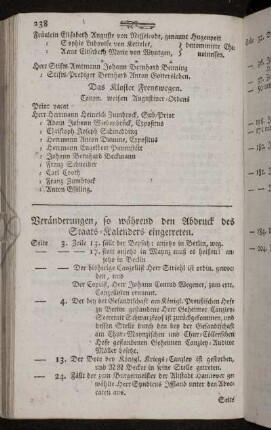 Veränderungen, so während den Abdruck des Staats-Kalenders eingetreten.