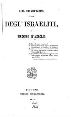 Dell' emancipazione civile degl' Israeliti / Massimo D'Azeglio