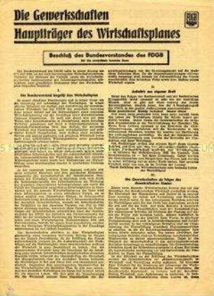 Flugblatt mit dem Wortlaut des Beschlusses des FDGB-Bundesvorstandes zum Zweijahrplan
