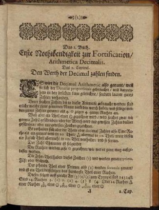 Das I. Buch. Erste Nothwendigkeit zur Fortification/ Arithmetica Decimalis.