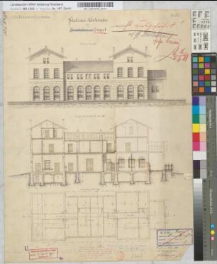 Stationsgebäude zu Dinslaken und Empel [Dinslaken gestrichen] der Köln-Mindener Eisenbahn-Gesellschaft, Blatt 2: Grundriß der [1.] Etage, Perron-Ansicht, Längsschnitt, M. 1:100 Hge, Sknr.: 5, Fanr.: 4, Bunr.: 1
