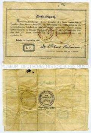 Deutsches Reich, Beglaubigungszettel zur tragbaren Medaille aus Kanonenkugeln zum 50jährigen Jubiläum der Leipziger Völkerschlacht