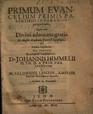 Primum Evangelium Primis Parentibus In Paradiso propositum
