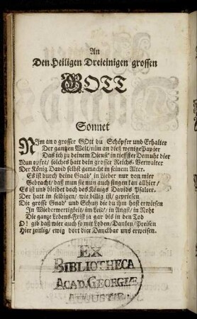 An den Heiligen Dreieinigen grossen Gott. Sonnet