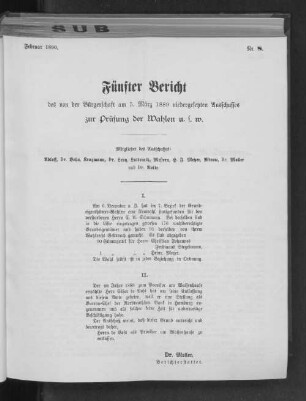 Nr. 8. Fünfter Bericht des von der Bürgerschaft am 5. März 1889 niedergesetzten Ausschusses zur Prüfung der Wahlen u.f.w.