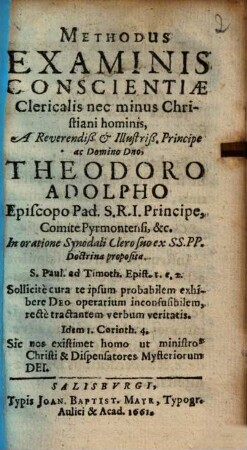 Methodus Examinis Conscientiae Clericalis nec minus Christiani hominis