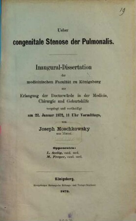 Ueber congenitale Stenose der Pulmonalis : Inaugural-Dissertation