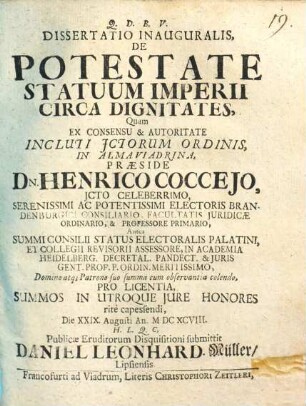 Dissertatio inauguralis De potestate statuum Imperii circa dignitates