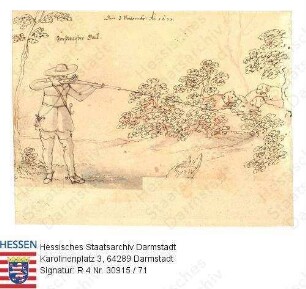 Jagd, Niddaer Sauhatz / Bild 71: Forstmeister [Cosmas] Gall [von Gallenstein] (+ 1662) zu Nidda, auf ein von Hunden gestelltes Wildschwein schießend