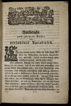 Vorbericht zum zweyten Bande des verlohrnen Paradieses.