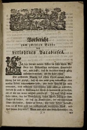 Vorbericht zum zweyten Bande des verlohrnen Paradieses.