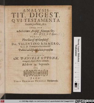 Analysis Tit. Digest. Qui Testamenta facere possunt, &c.