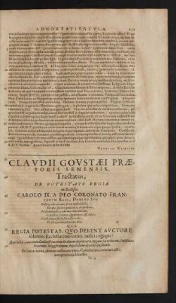 Claudii Govstaei Praetoris Senensis, Tractatus, De Potestate Regia in Ecclesia.