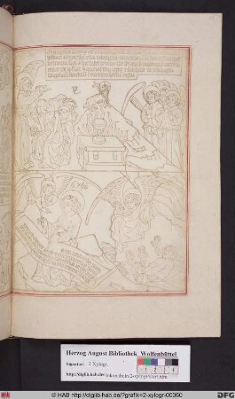 Oben: Ein Engel kündigt den Anbetern des Tieres Strafe an. Unten: Seligpreisung derer, die im Glauben an Gott sterben.
