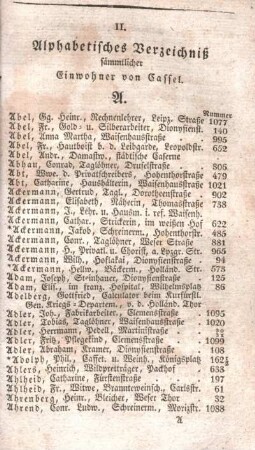 II. Alphabetisches Verzeichniß sämmtlicher Einwohner von Cassel.