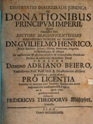 Dissertatio inauguralis iuridica de donationibus principum imperii