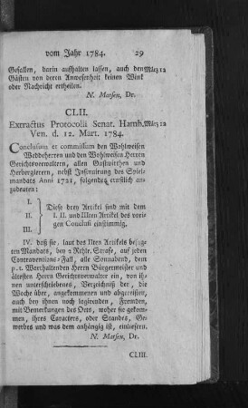 CLII. Extractus Protocolli Senat. Hamb. Ven. d. 12. Mart. 1784.