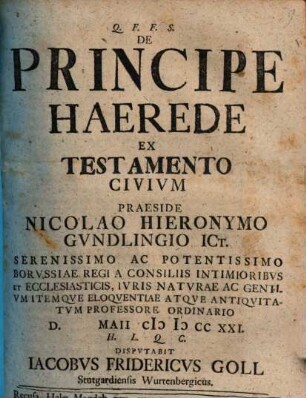 De Principe Haerede Ex Testamento Civivm