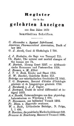 Register der in dem gelehrten Anzeigen aus dem Jahre 1870 beurteilten Schriften.