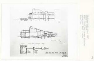 Schauspielhaus, Berlin-Tiergarten (Diplomarbeit bei Willy Kreuer): Schnitte 1:200 und Detail Foyeraußenwand 1:5