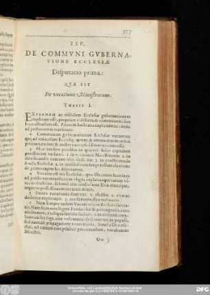 XXV. De Communi Gubernatione Ecclesiae Disputatio prima: Quae Est De vocatione Ministrorum.