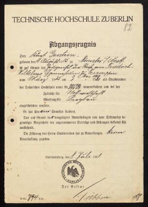 Abgangszeugnis der Technischen Hochschule zu Berlin, 1931.