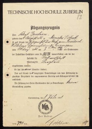 Abgangszeugnis der Technischen Hochschule zu Berlin, 1931.