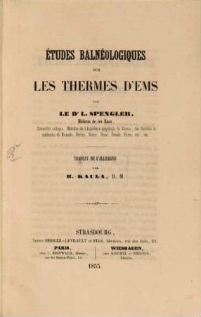 Etudes balnéologiques sur les thermes d'Ems : Traduit de l'allemand par H. Kaula