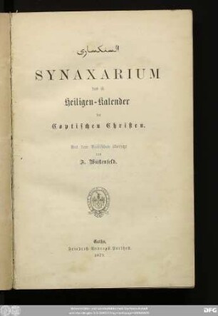 Synaxarium : das ist Heiligen-Kalender der Coptischen Christen