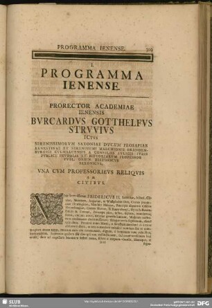 Programma Ienense. Prorector Academiae Ienensis Burcardus Gotthelfus Struvius