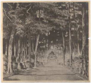Waldfriedhof Wilmersdorf, Stahnsdorf: Perspektivische Ansicht mit Blick aus der Hauptachse auf die Kapelle (Ausschnitt)