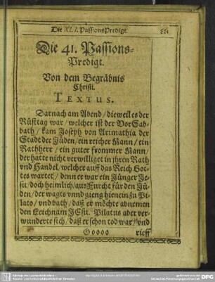 Die 41. Passions-Predigt. Von dem Begräbnis Christi