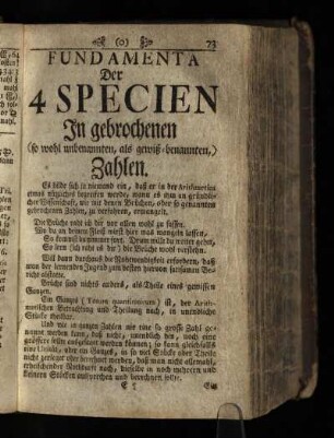 Fundamenta der 4 Specien in gebrochenen Zahlen