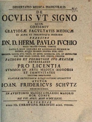 Dissertatio Medica Inavgvralis De Ocvlis Vt Signo