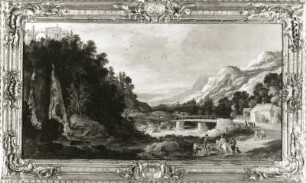 Berglandschaft mit Wasserfall und Brücke : Momper, Joos de. Berglandschaft mit Wasserfall und Brücke. Öl auf Holz; 49,5 x 93 cm. Ansicht mit Rahmen. Dresden: Gemäldegalerie Alte Meister 868