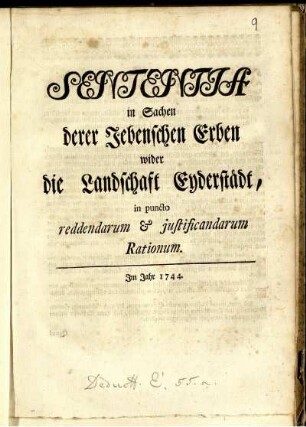 Sententia in Sachen derer Jebenschen Erben wider die Landschaft Eyderstädt, in puncto reddendarum [et] justificandarum Rationum