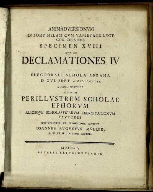 Spec. 18: Animadversionum In Pomp. Melam, Cum Varietate Lect. Cod. Cibiniens. Specimen XVIII.