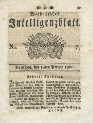 No. 7, Dienstag, den 18ten Februar 1800