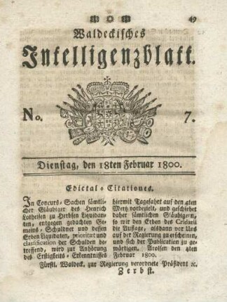 No. 7, Dienstag, den 18ten Februar 1800